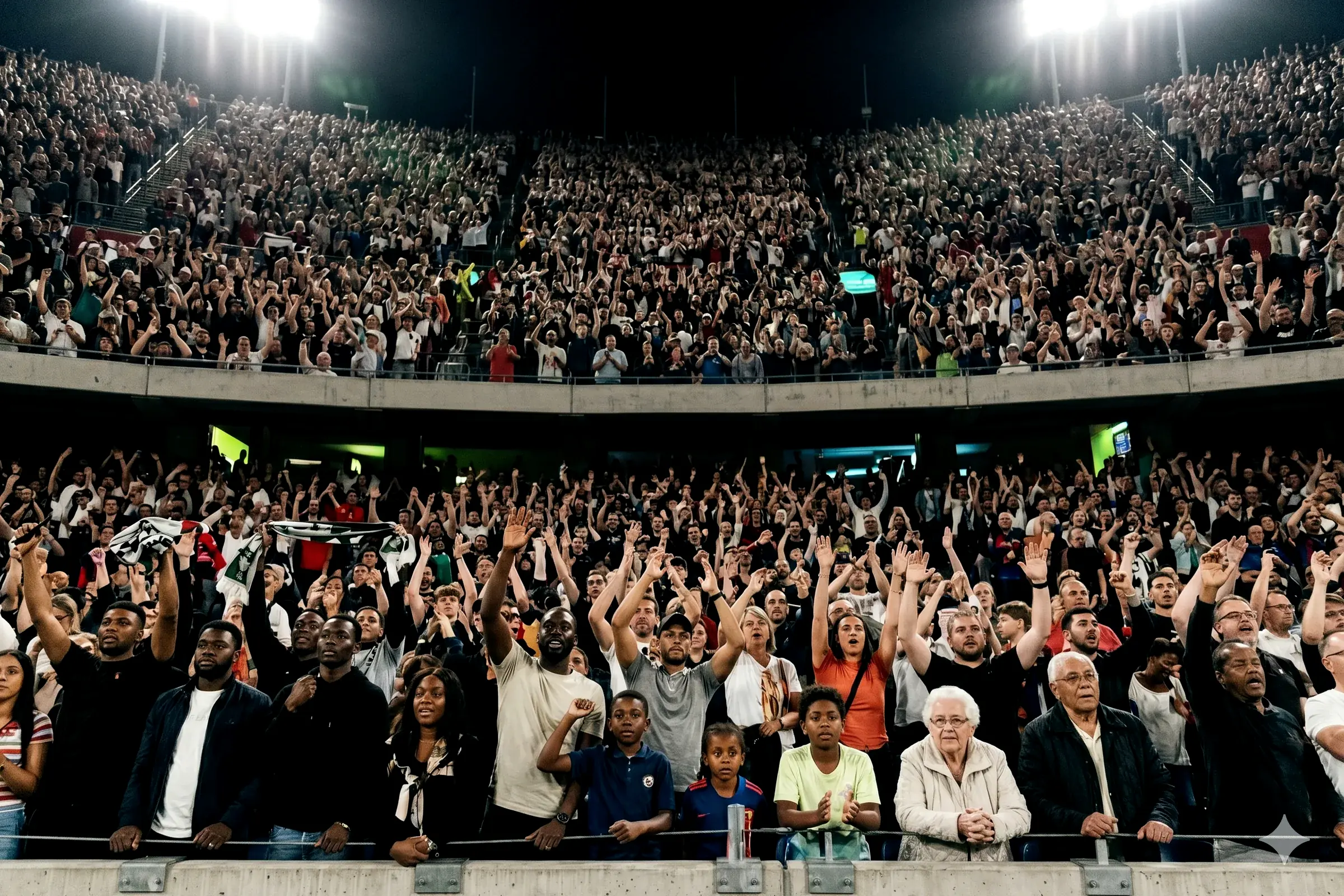 A packed grandstand at night seen from below, fans rising in a wall of raised arms and scarves